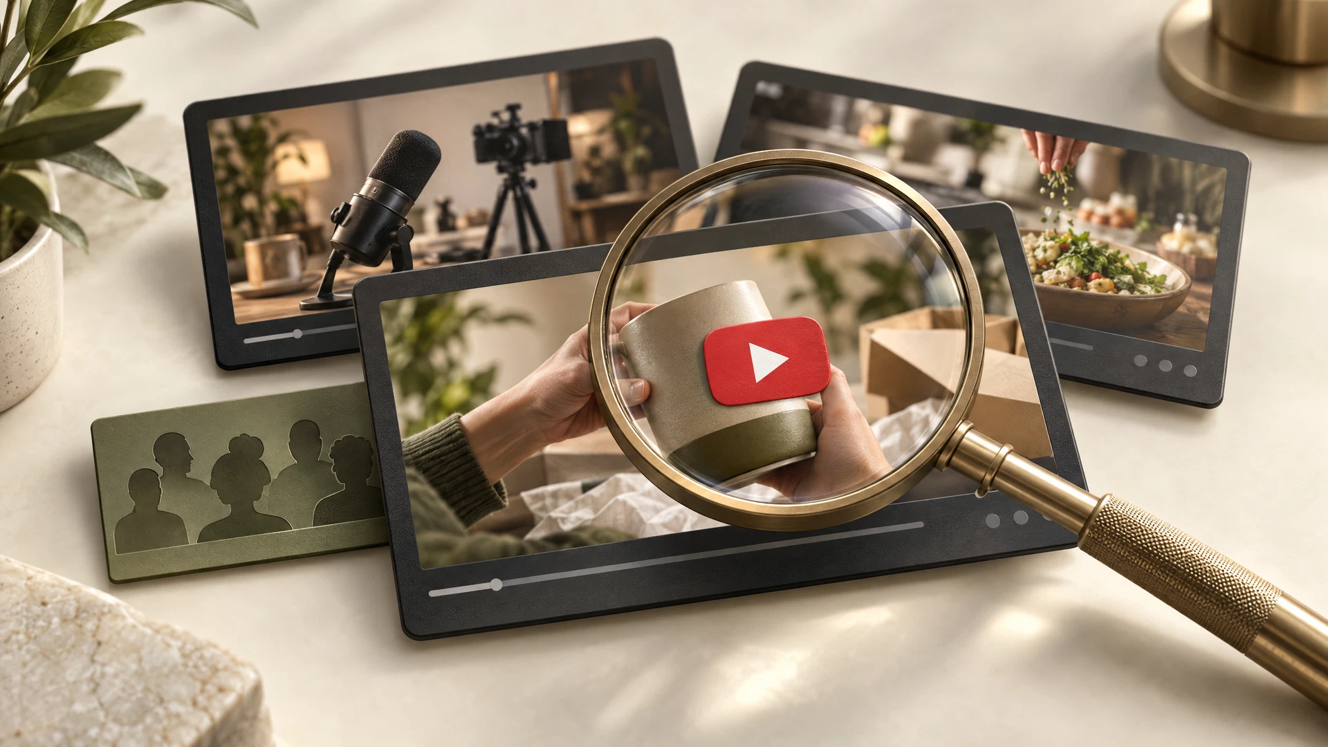 Optical magnifying lens examining YouTube creator video thumbnails on an ivory surface with brass and olive accents